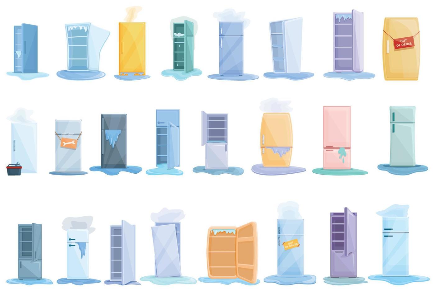 Refrigerator repair icons set, cartoon style vector