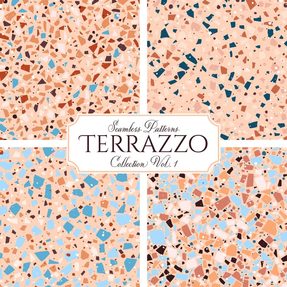 Terrazzo broken tile floor texture seamless pattern, vector abstract background with chaotic mosaic pieces, composed of natural stone, marble, glass and concrete imitations.