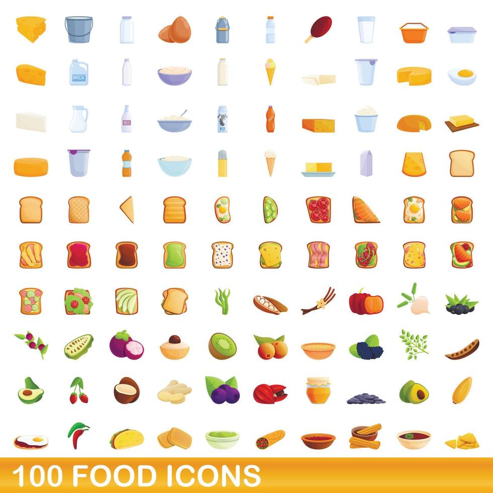 100 iconos de alimentos, estilo de dibujos animados vector