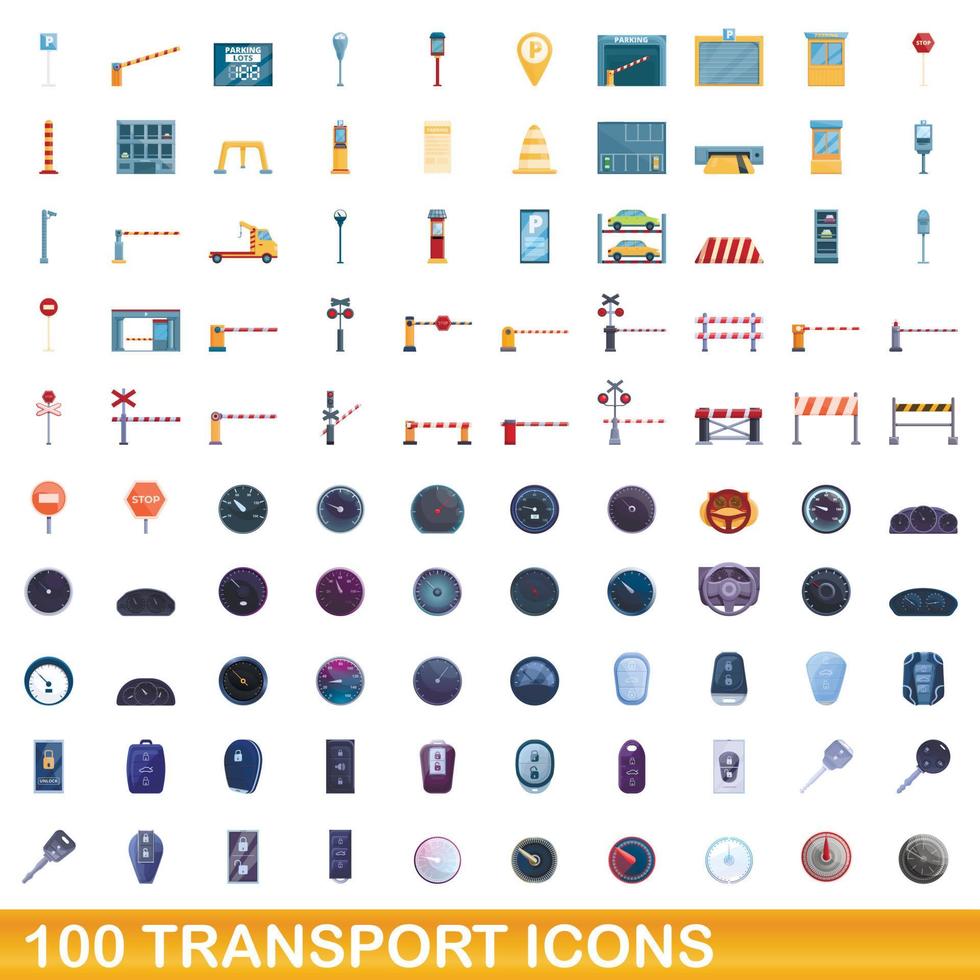 100 transport icons set, cartoon style vector