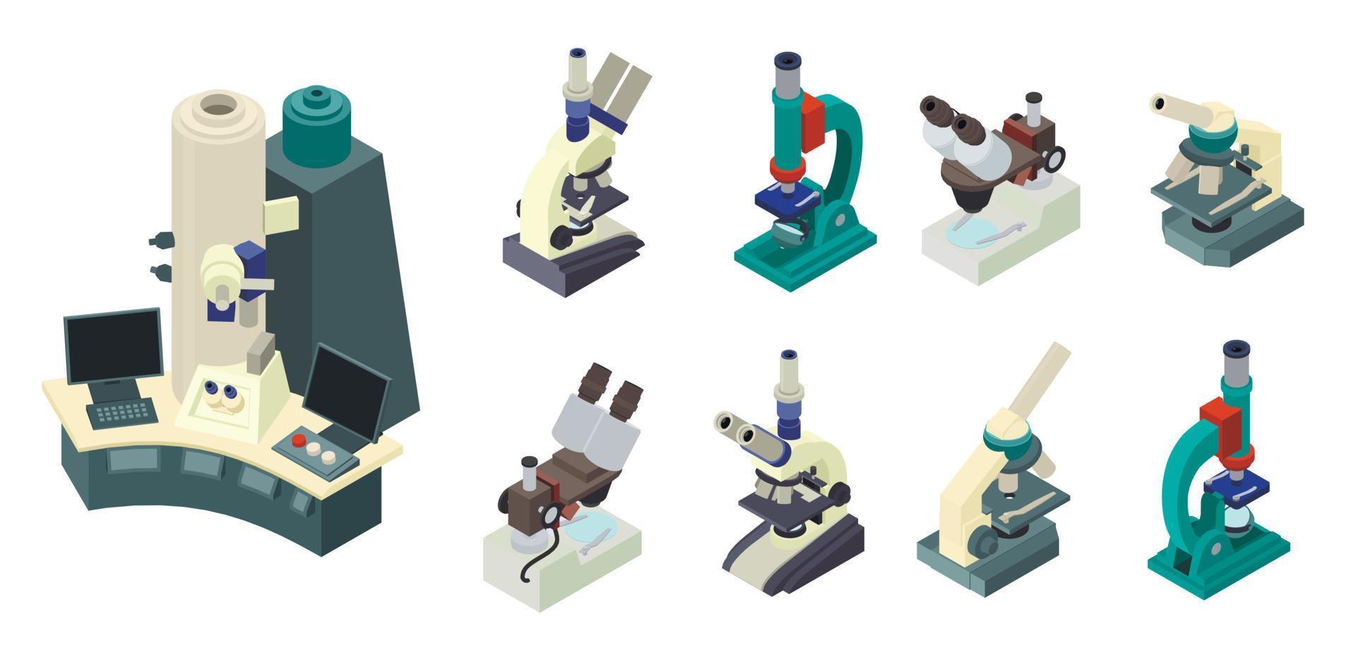 conjunto de iconos de microscopio, estilo isométrico vector