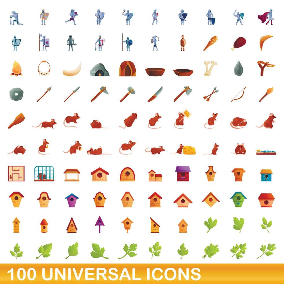 100 universal icons set, cartoon style vector