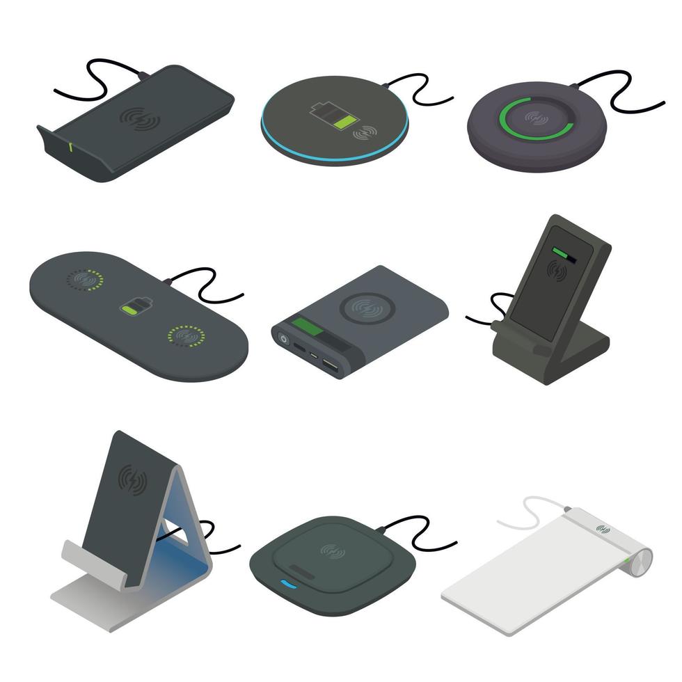 Wireless charger icons set, isometric style vector