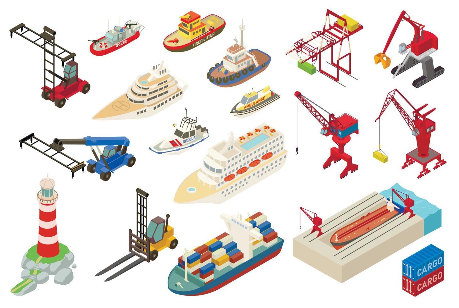 Marine port icons set, isometric style vector