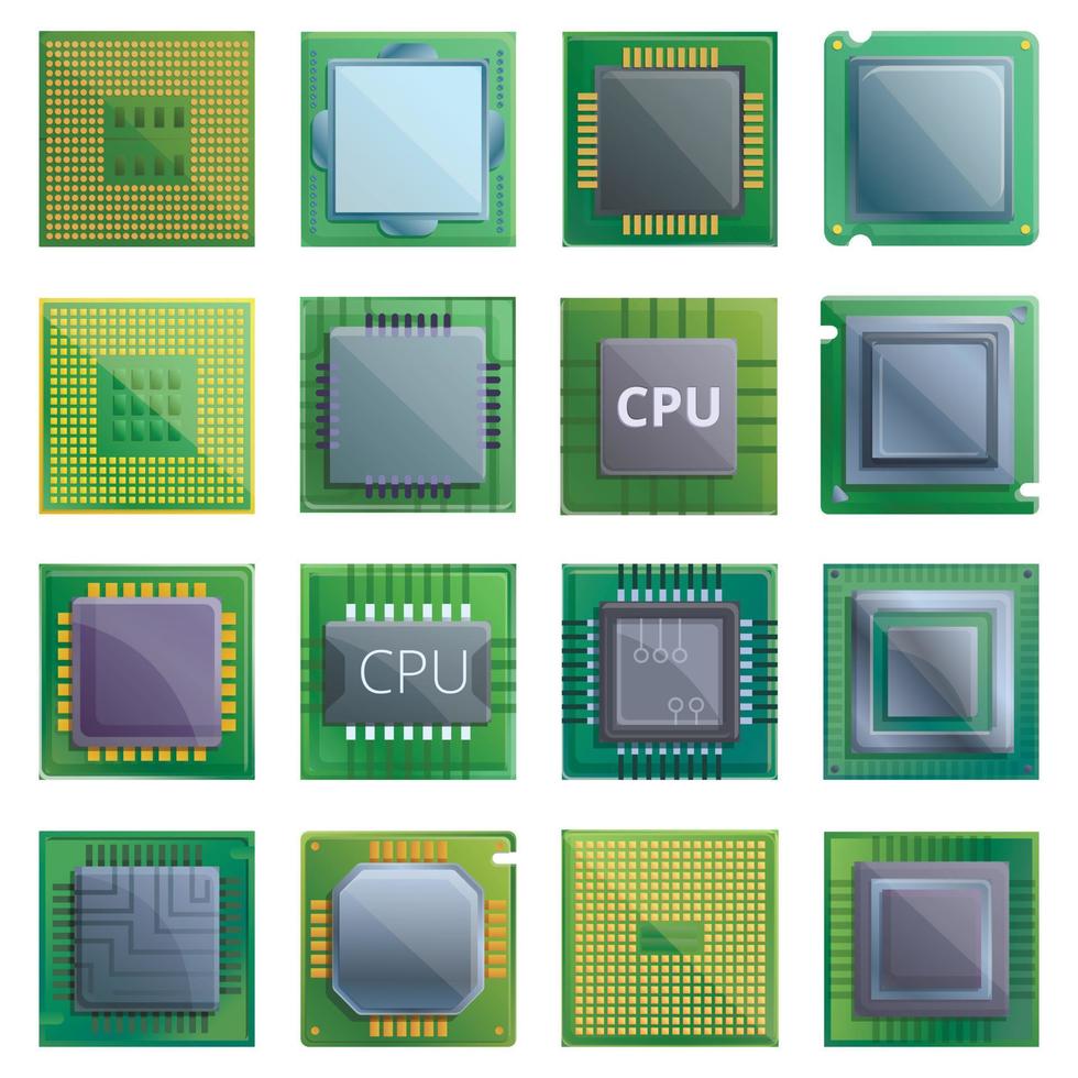 Processor icons set, cartoon style vector