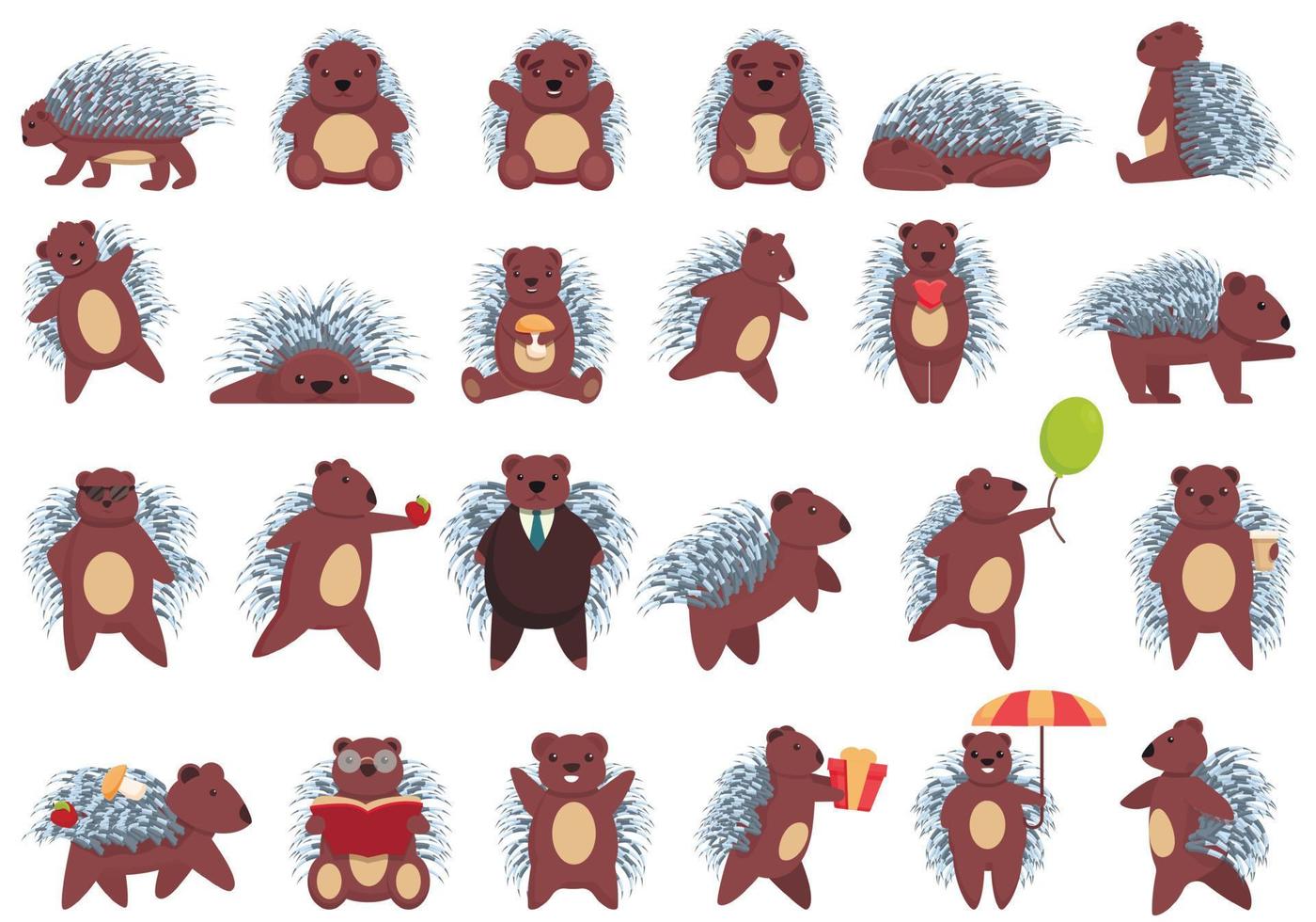 Porcupine icons set, cartoon style vector