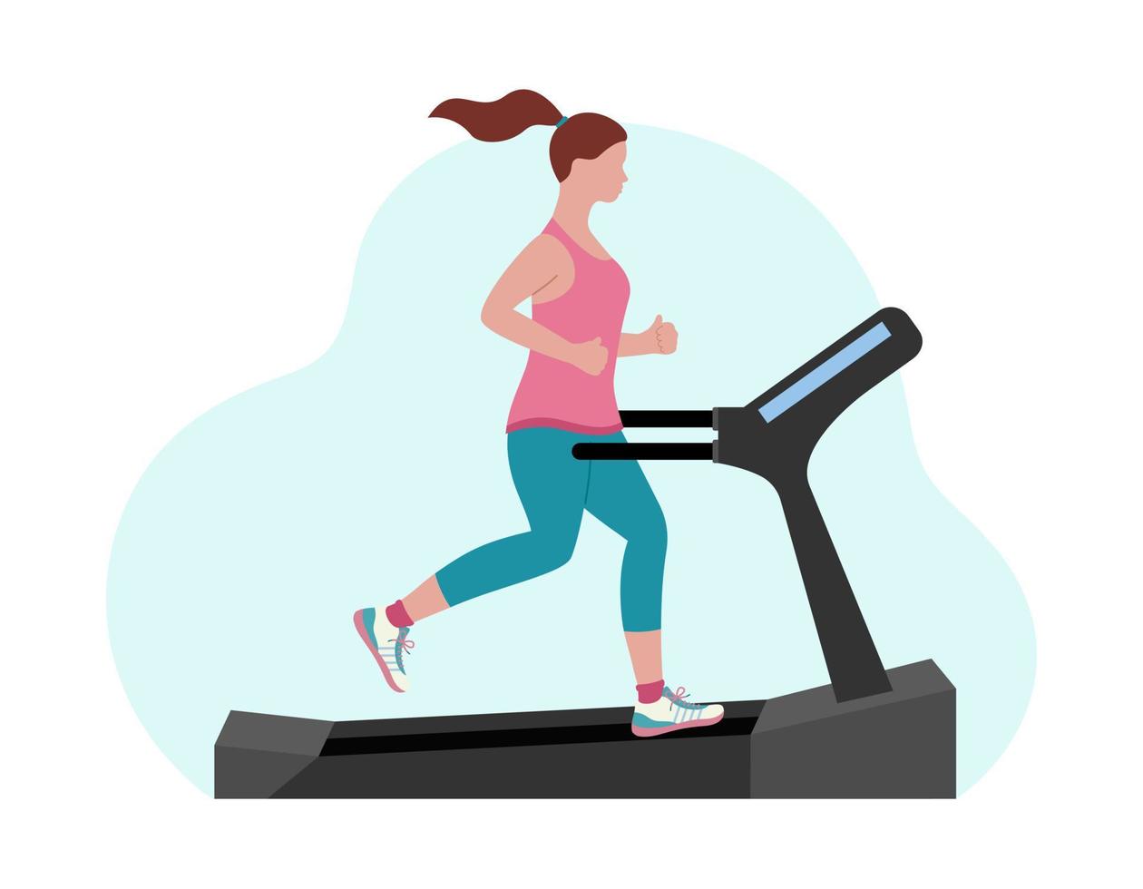 chica corriendo en cinta rodante. mujer joven trotando en equipos de gimnasia. entrenamiento de carrera cardiovascular de resistencia. ilustración vectorial plana vector