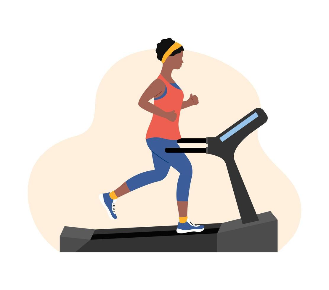 Slim athletic girl running on treadmill. African american woman jogging on fitness equipment. Endurance cardio run training. Flat vector illustration