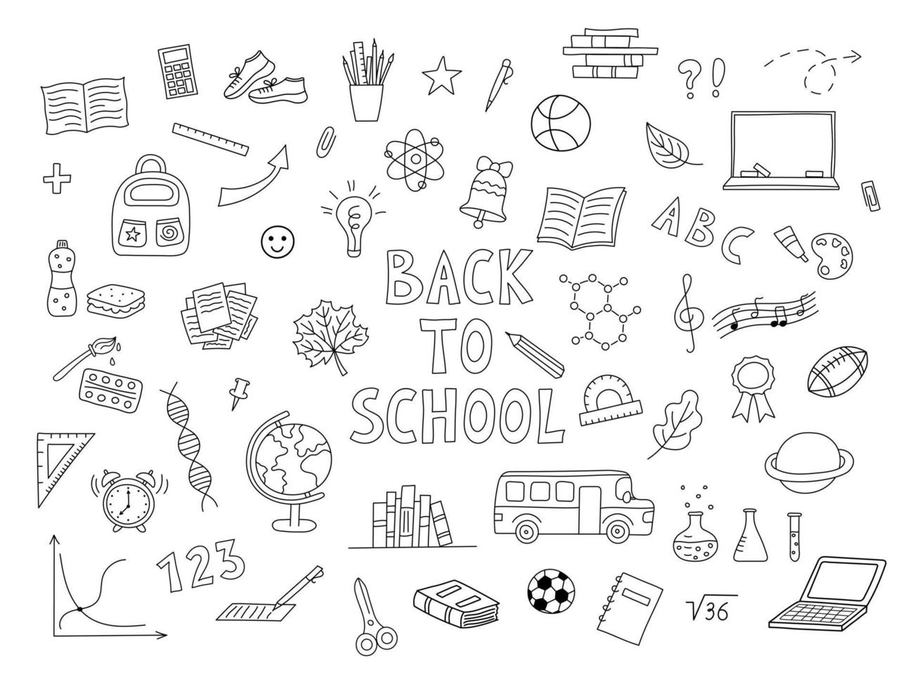 School hand drawn set. Objects for educaton. School drawings. Design doodle elements. Black supplies collection on white background. Vector illustration