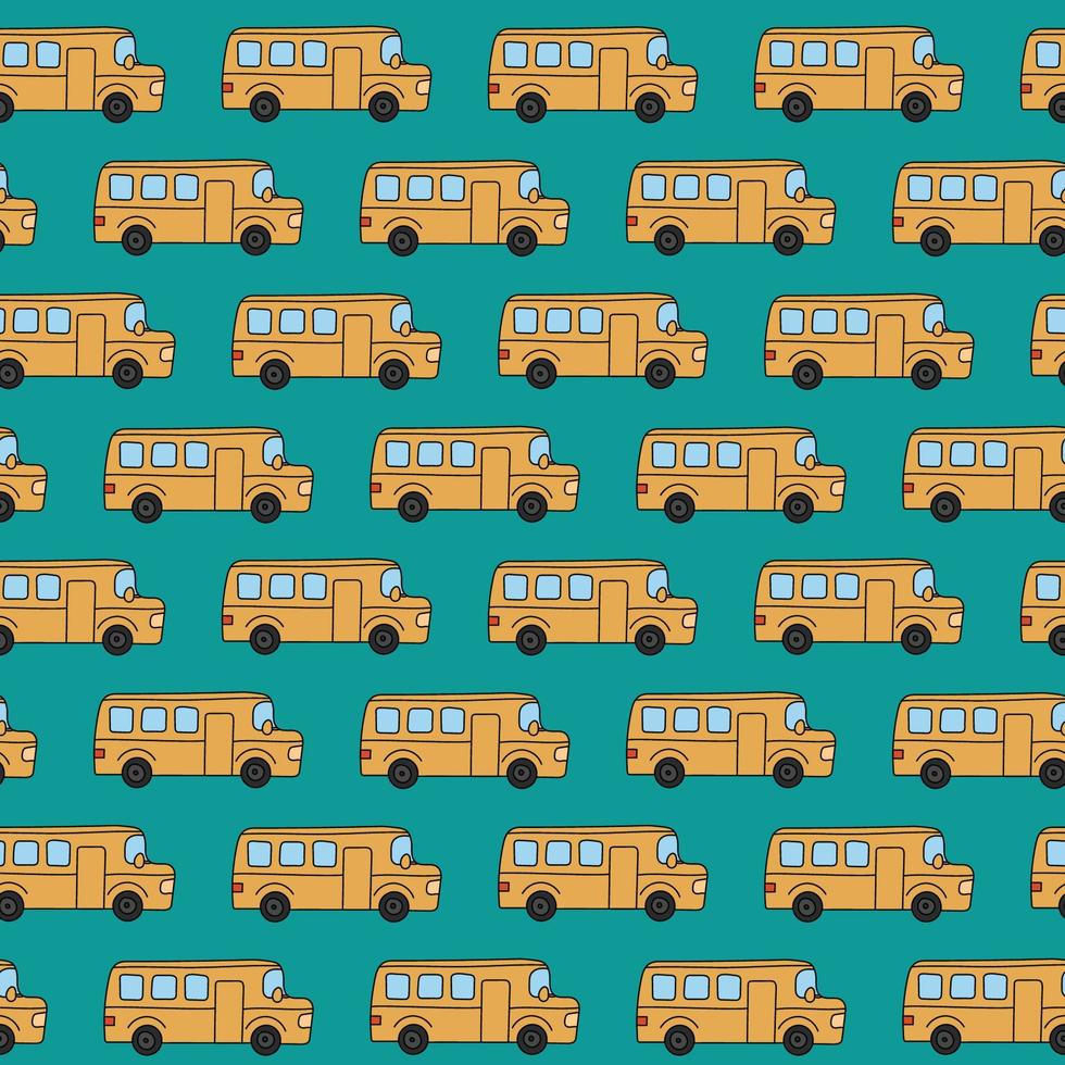 School buses pattern. Hand drawn doodle elements. School seamless green background with funny yellow bus. Vector illustration