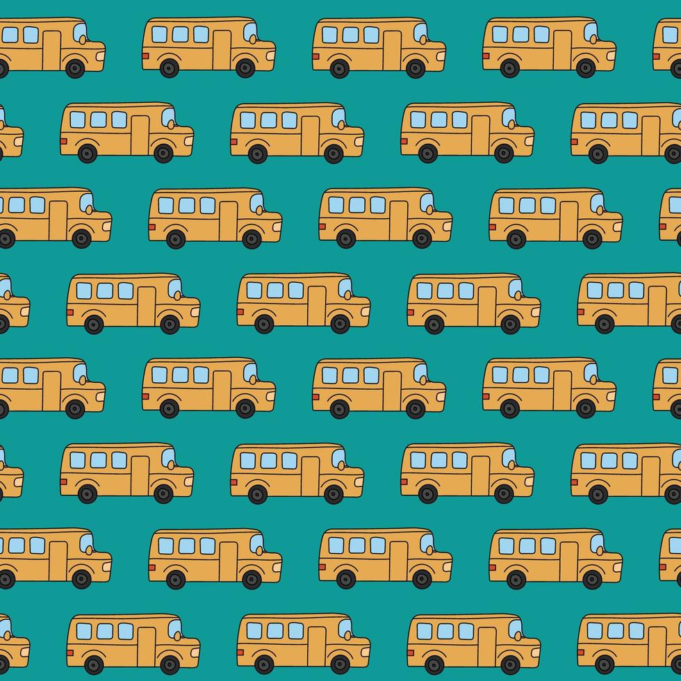 patrón de autobuses escolares. elementos de fideos dibujados a mano. Fondo verde transparente de la escuela con divertido autobús amarillo. ilustración vectorial vector