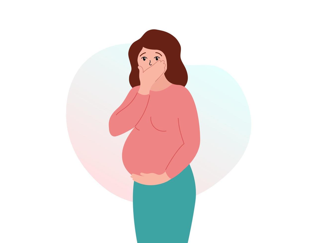 toxicosis del embarazo. náuseas matutinas mujer embarazada que sufre de náuseas y vómitos. ilustración vectorial plana vector
