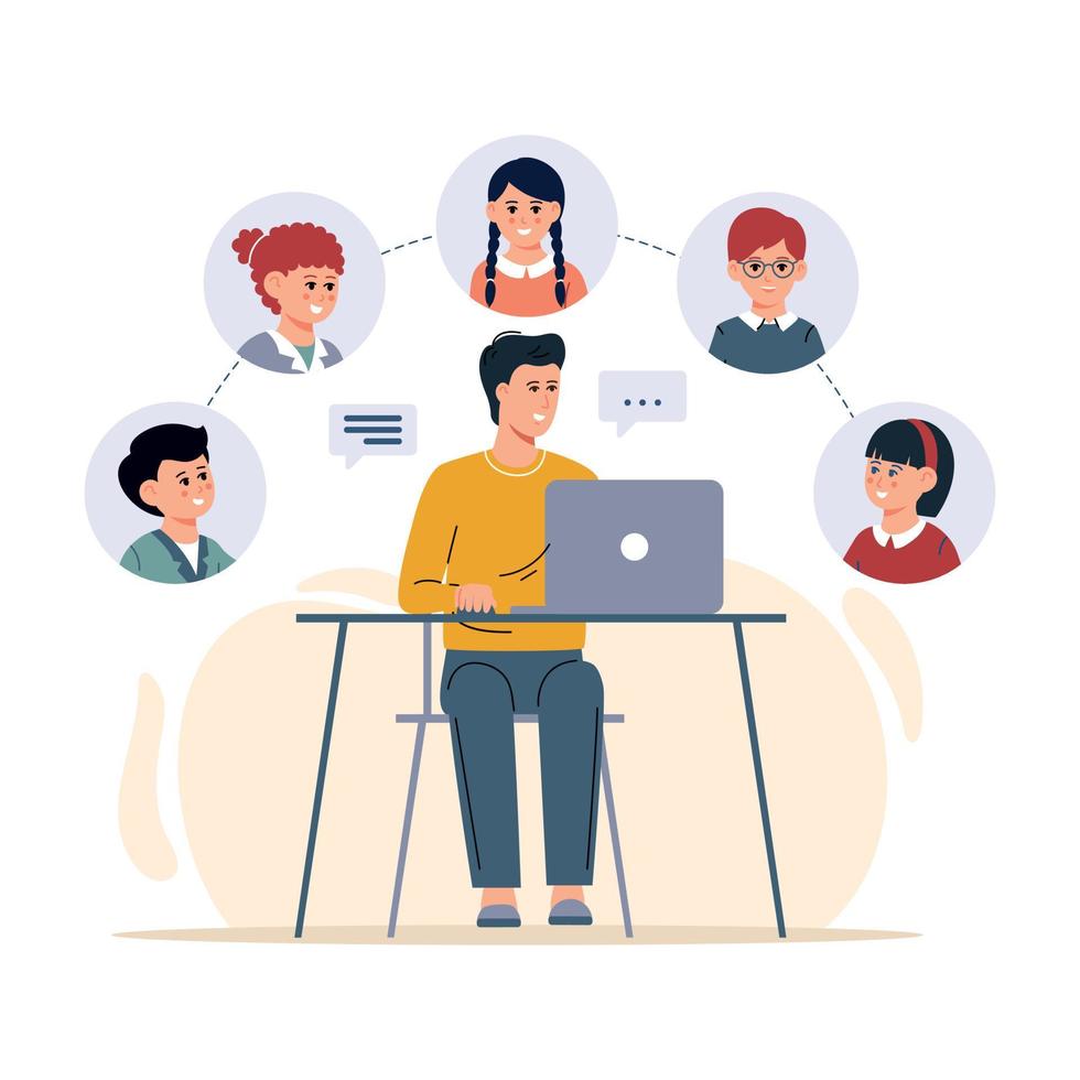 Learn from distance with teacher man, online education. Kids boy and girl studying lesson. vector
