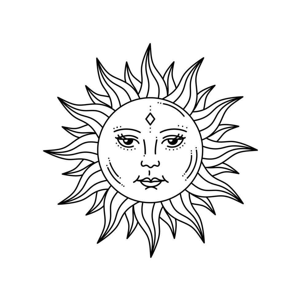 Celestial sun with face and opened eyes, stylized drawing, tarot card. vector