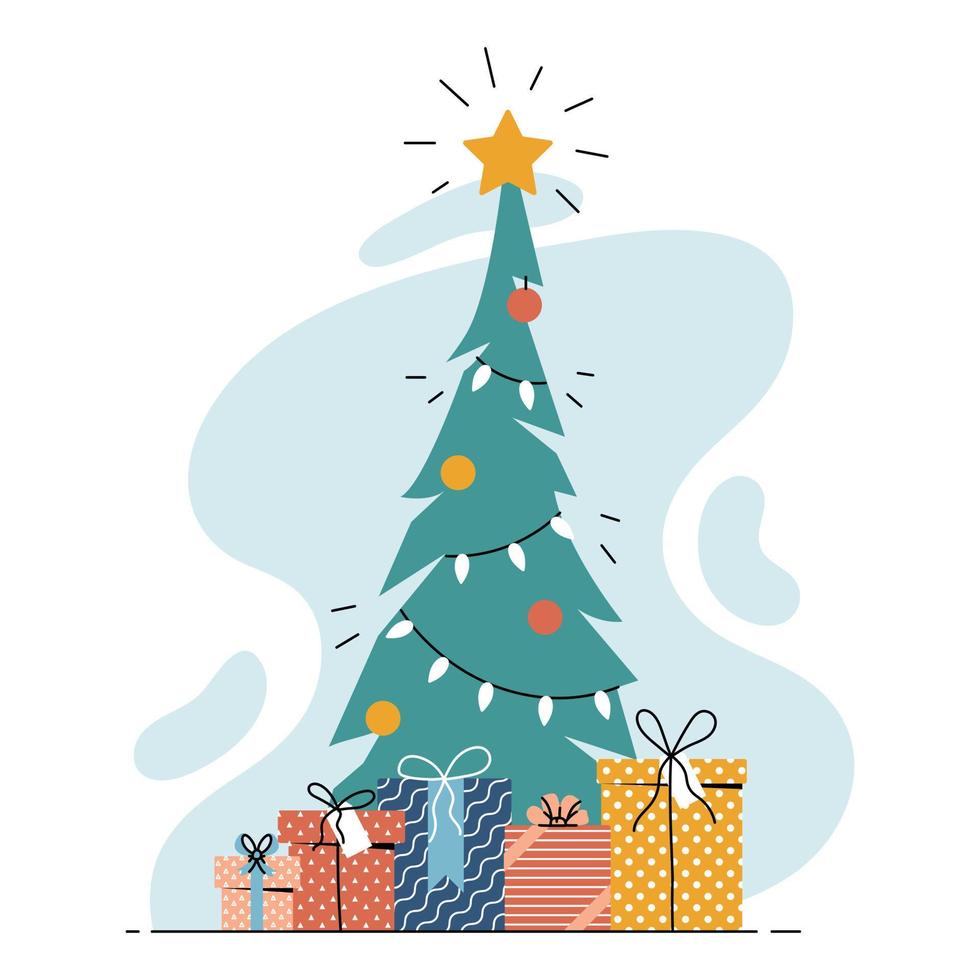Christmas tree. Evergreen tree with decorations and gifts. Christmas and New Year celebration vector