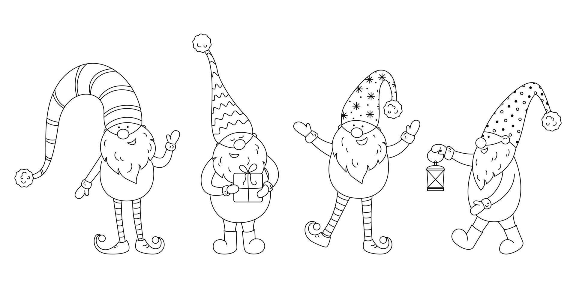 libro para colorear con gnomos de dibujos animados conjunto de cuatro personajes. vector