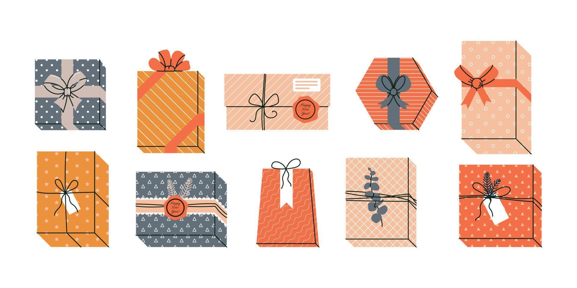 Set of gifts and presents on Christmas or Holidays. vector