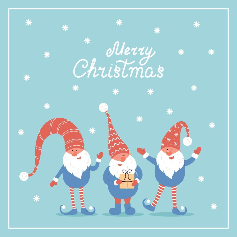 Merry Christmas Postcard. Three Vector Christmas Cute Gnomes with Red Caps in Flat Style.