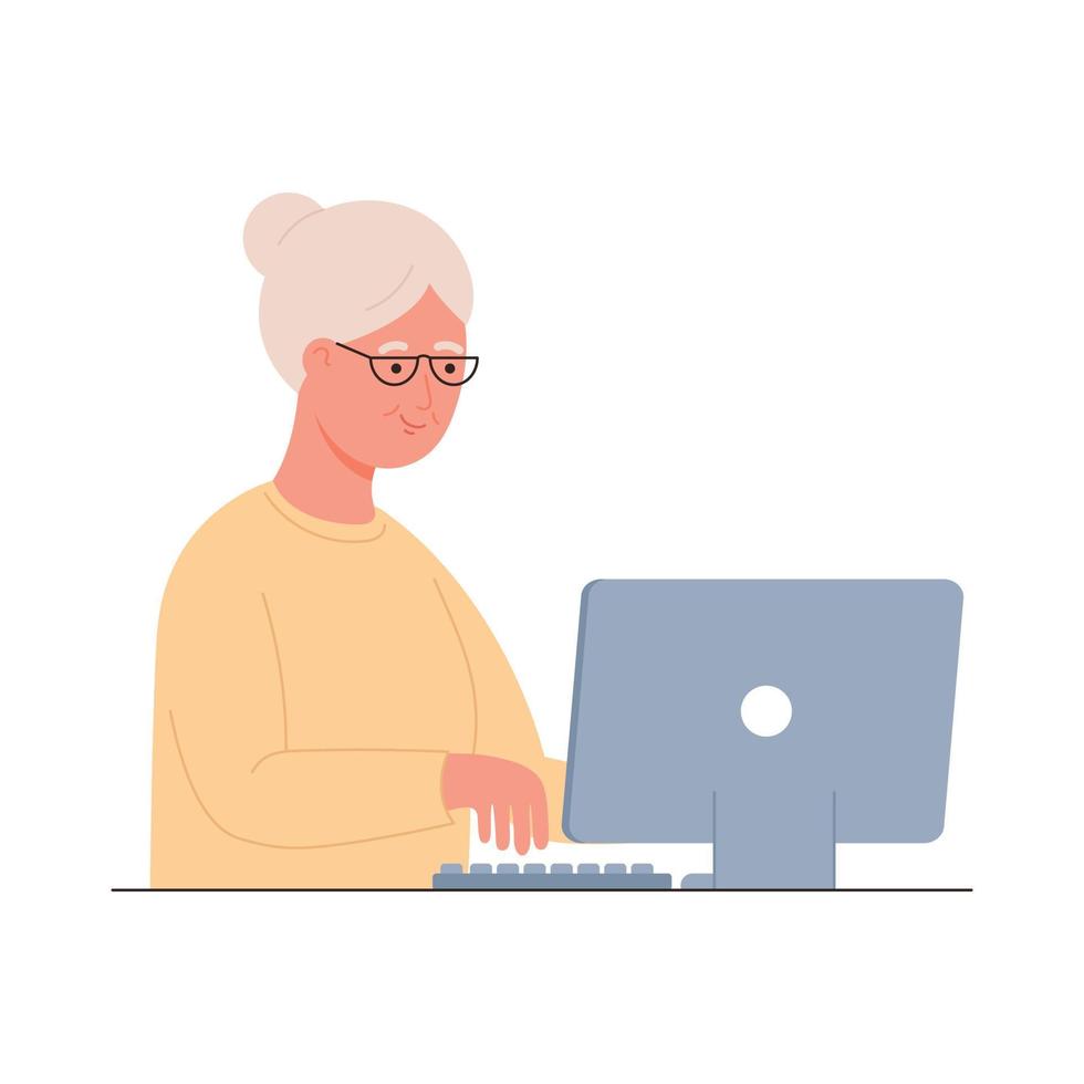 Old woman working on laptop computer. vector