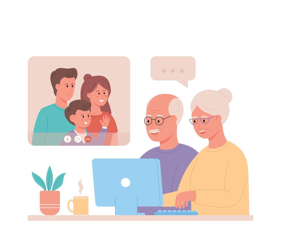 los abuelos llaman a los padres y al hijo pequeño desde una computadora portátil. charla en línea vector