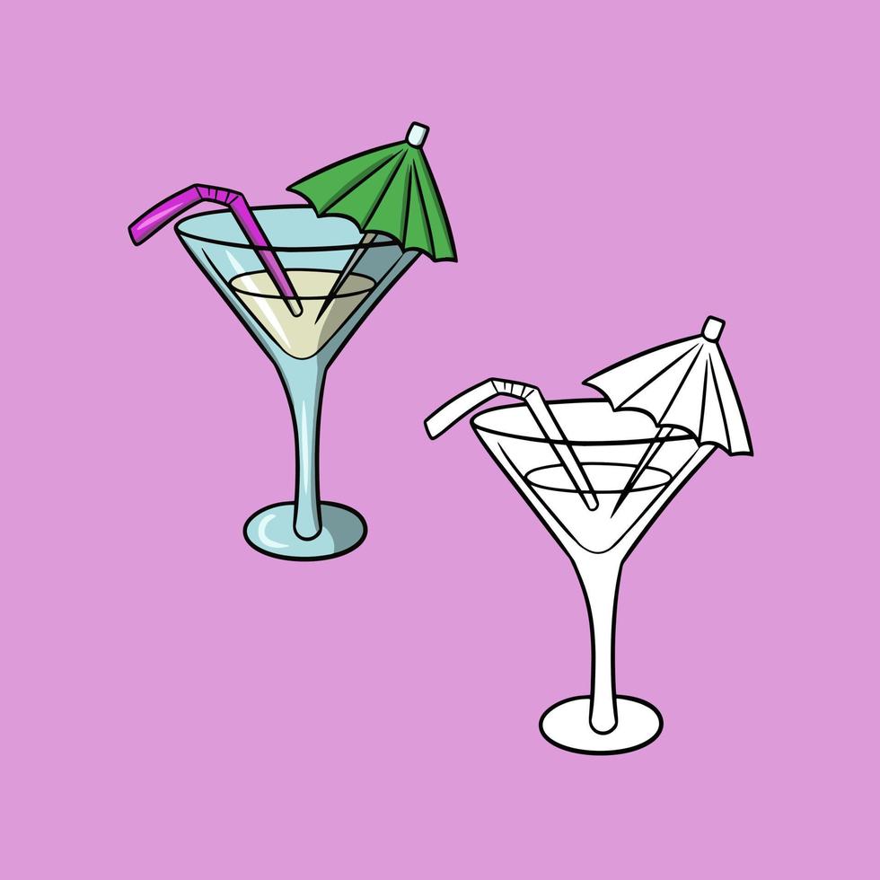 un conjunto de imágenes, un vaso de vidrio con jugo, un martini, una bebida de élite decorada con un paraguas y tubos de papel, bebidas de verano, frescura, ilustración vectorial en un fondo coloreado vector