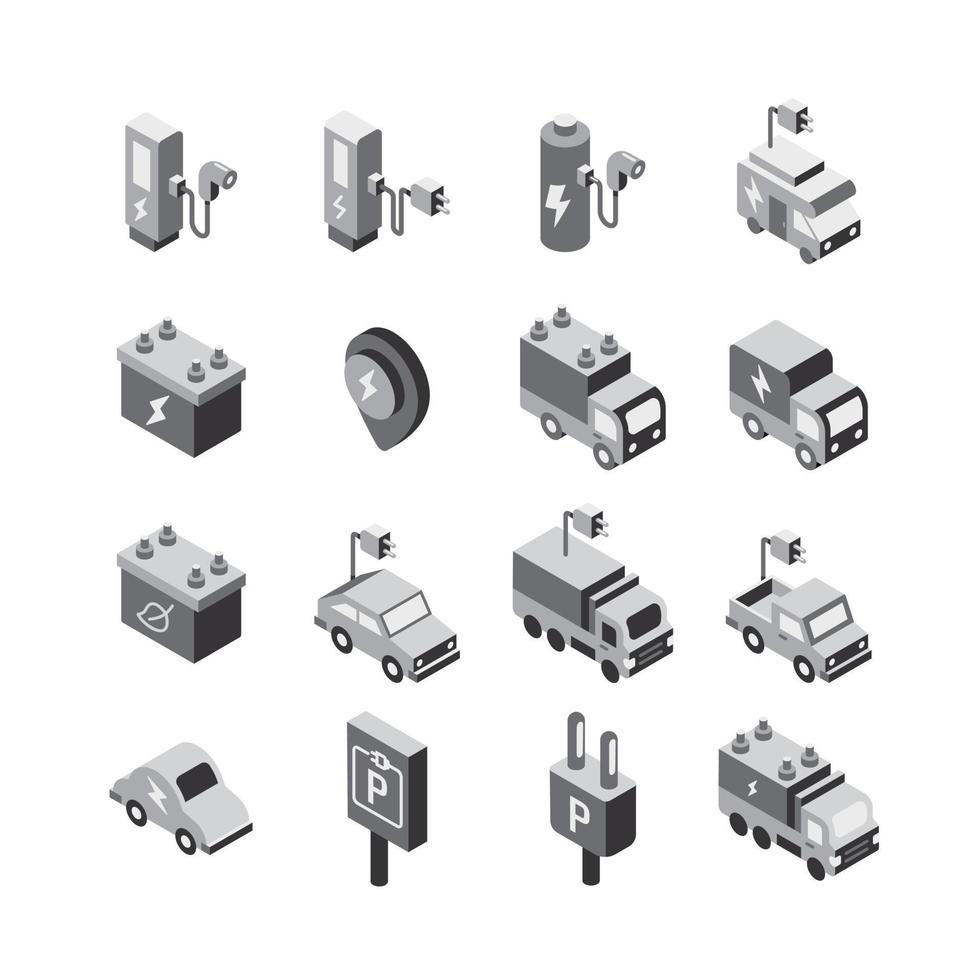 electric vehicle logo isometric flat icons set. EV ECO clean energy technology icon. simple design vector