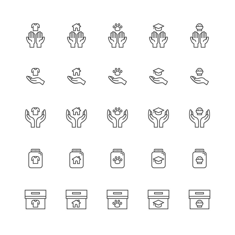 Donate and Charity line icons set.Helping hand, Volunteer help, donations and Care box. design vector