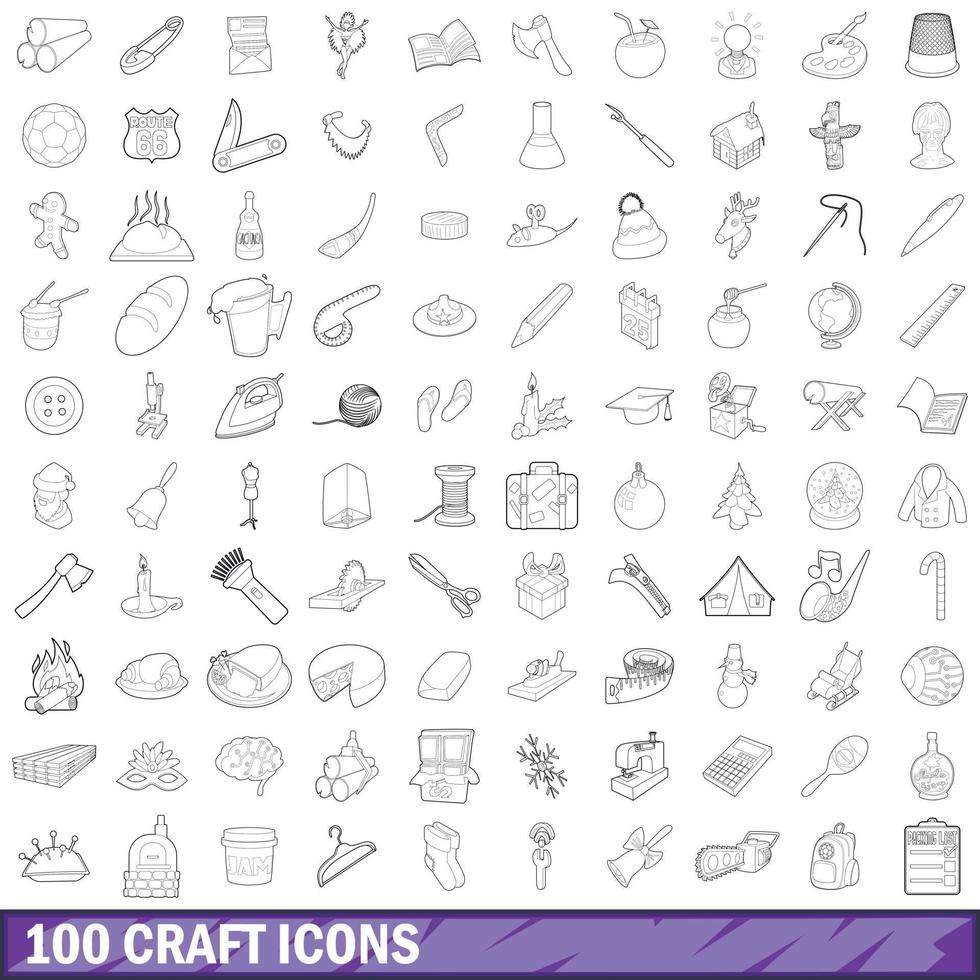 100 craft icons set, outline style vector