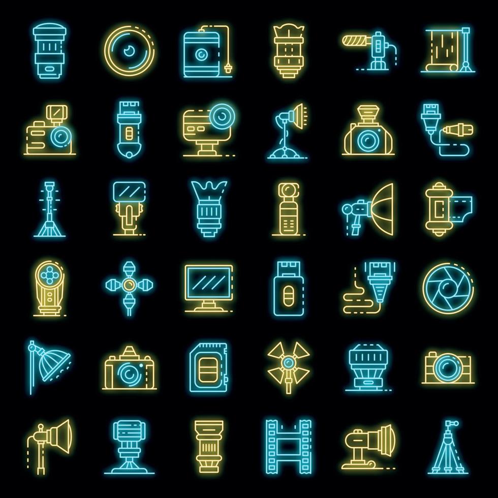 Photographer equipment icons set vector neon