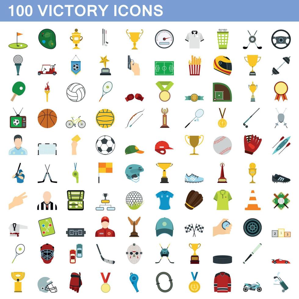 100 victory icons set, flat style vector