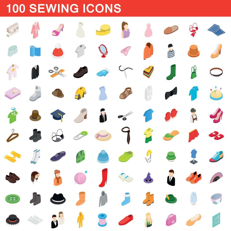 100 sewing icons set, isometric 3d style vector
