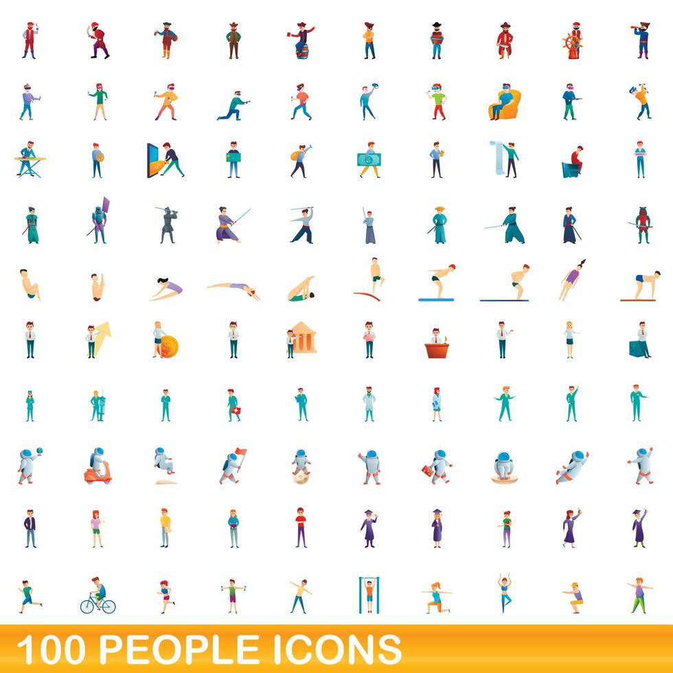 100 people icons set, cartoon style vector