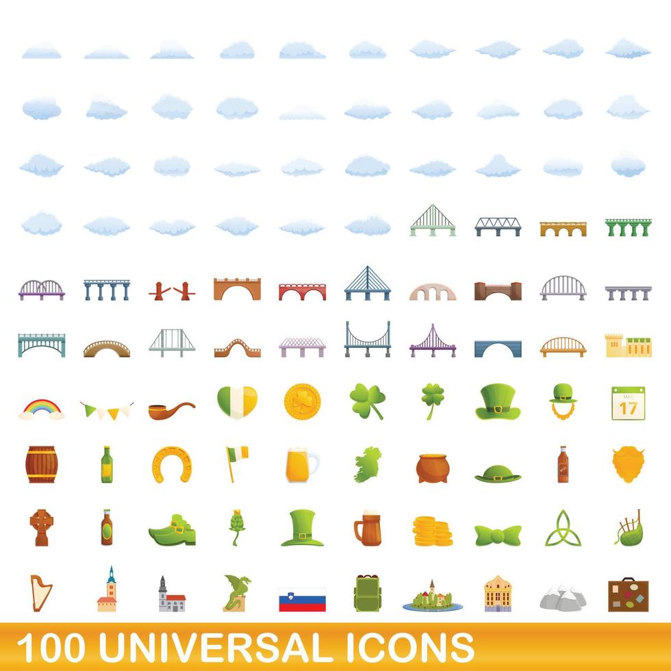 100 universal icons set, cartoon style vector