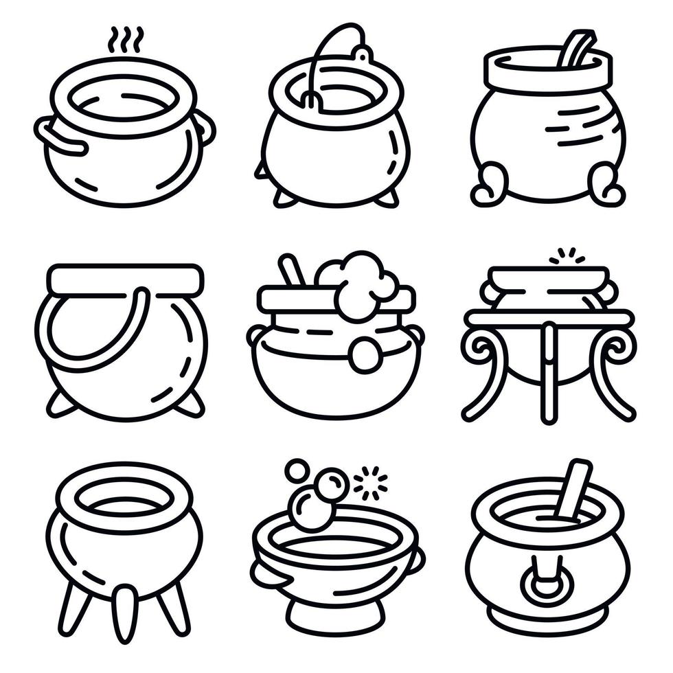 Cauldron icons set, outline style vector