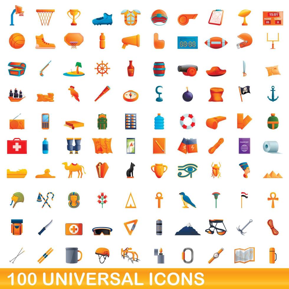 100 universal icons set, cartoon style vector