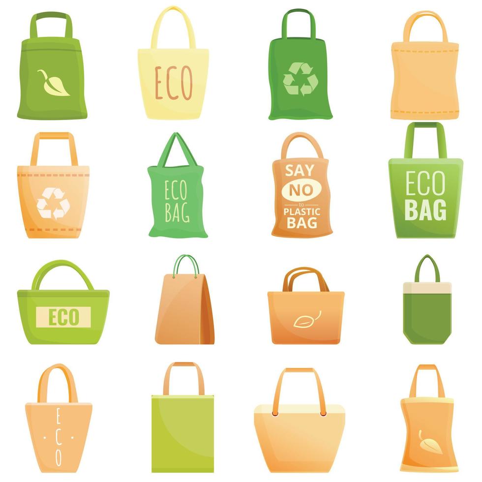 Eco bag icons set, cartoon style vector