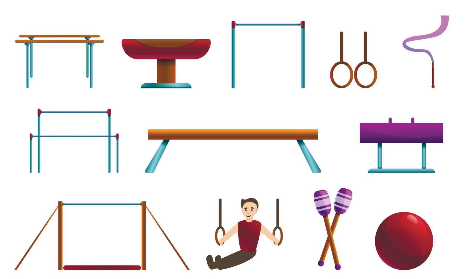 Gymnastics equipment icons set, cartoon style vector