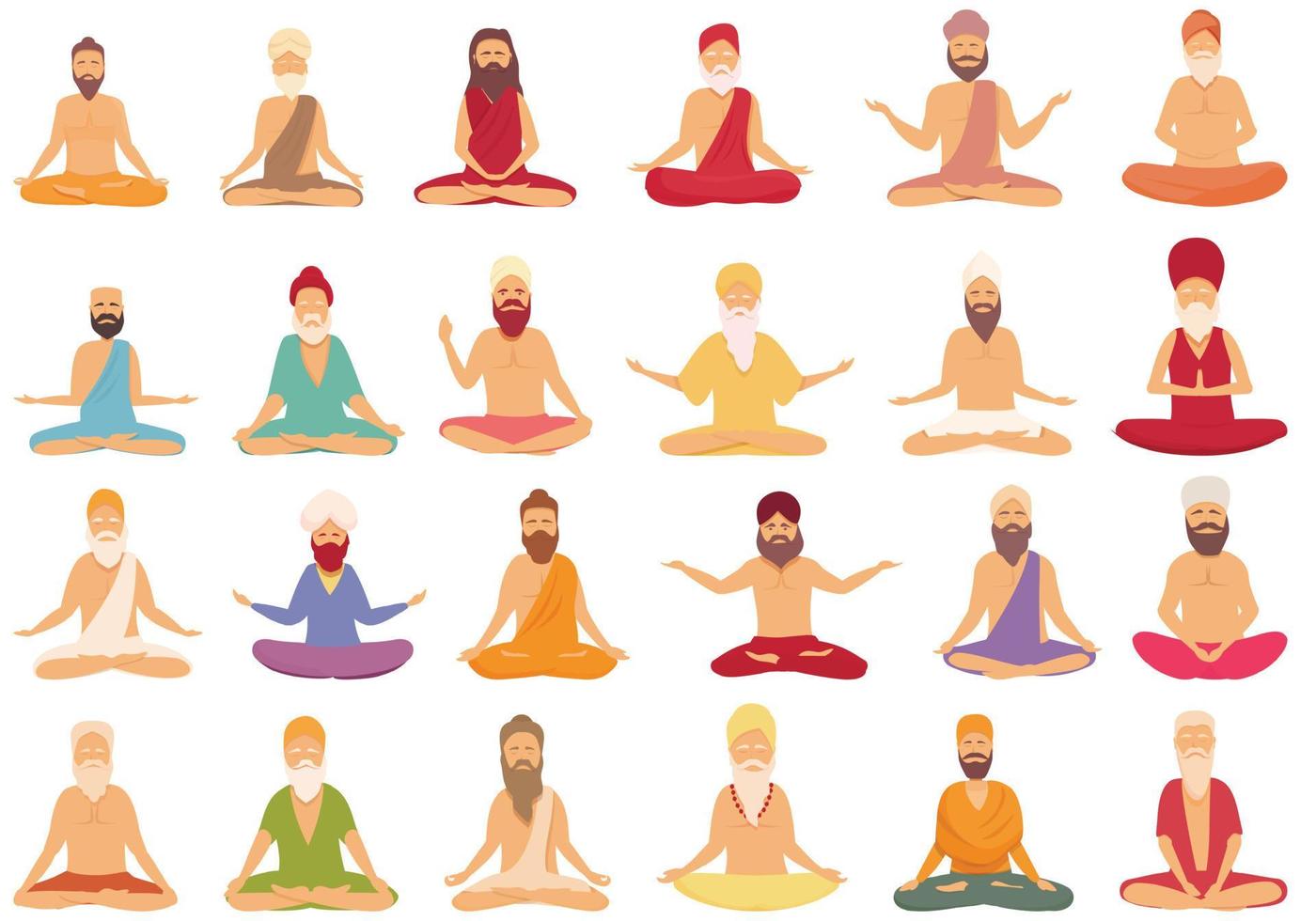 los iconos del hombre yogui establecen el vector de dibujos animados. sabio indio