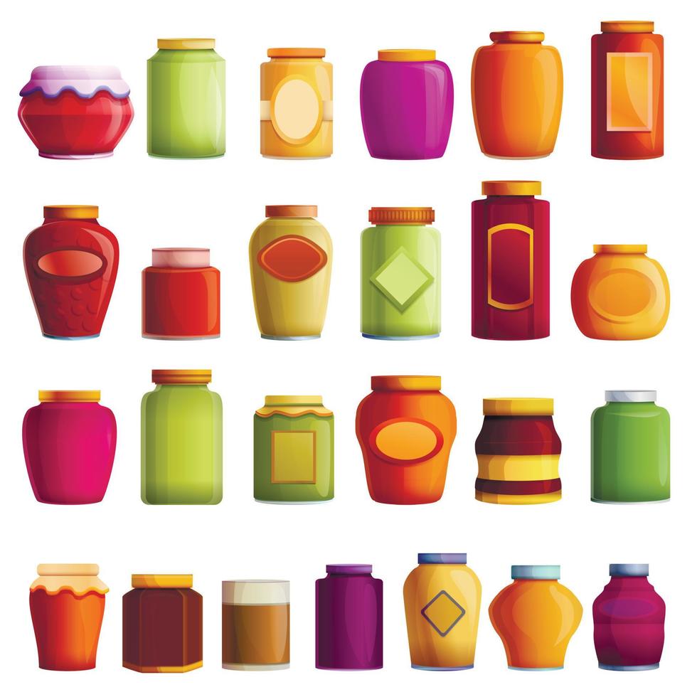 Jam jar icons set, cartoon style vector