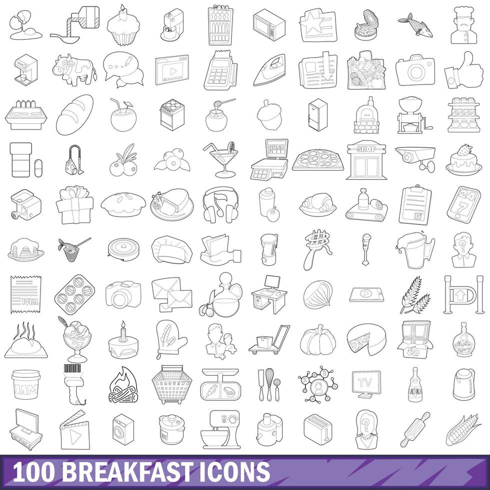 100 iconos de desayuno, estilo de esquema vector