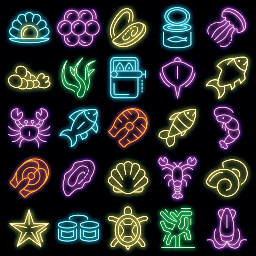 Seafood icon set vector neon