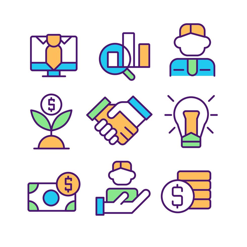 conjunto de iconos de color rgb perfectos de píxeles de negocios y empleo.  participación de los
