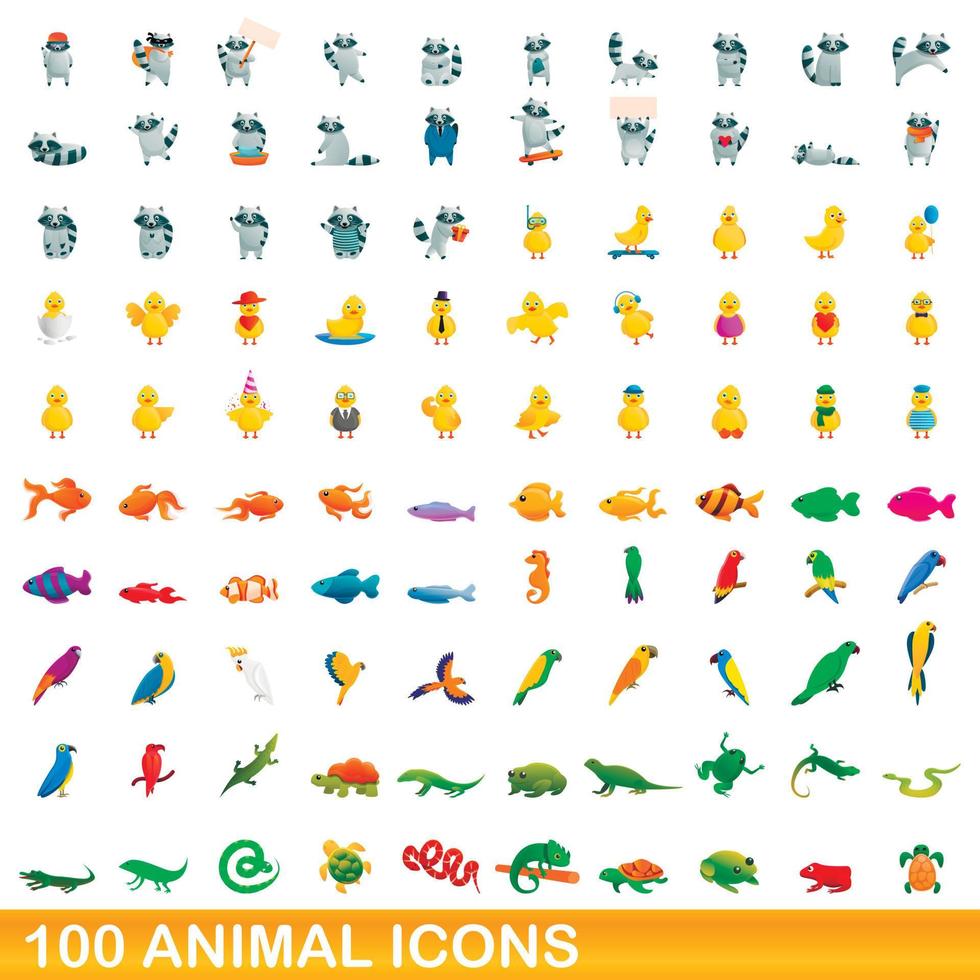 100 animales, conjunto de iconos de estilo de dibujos animados vector