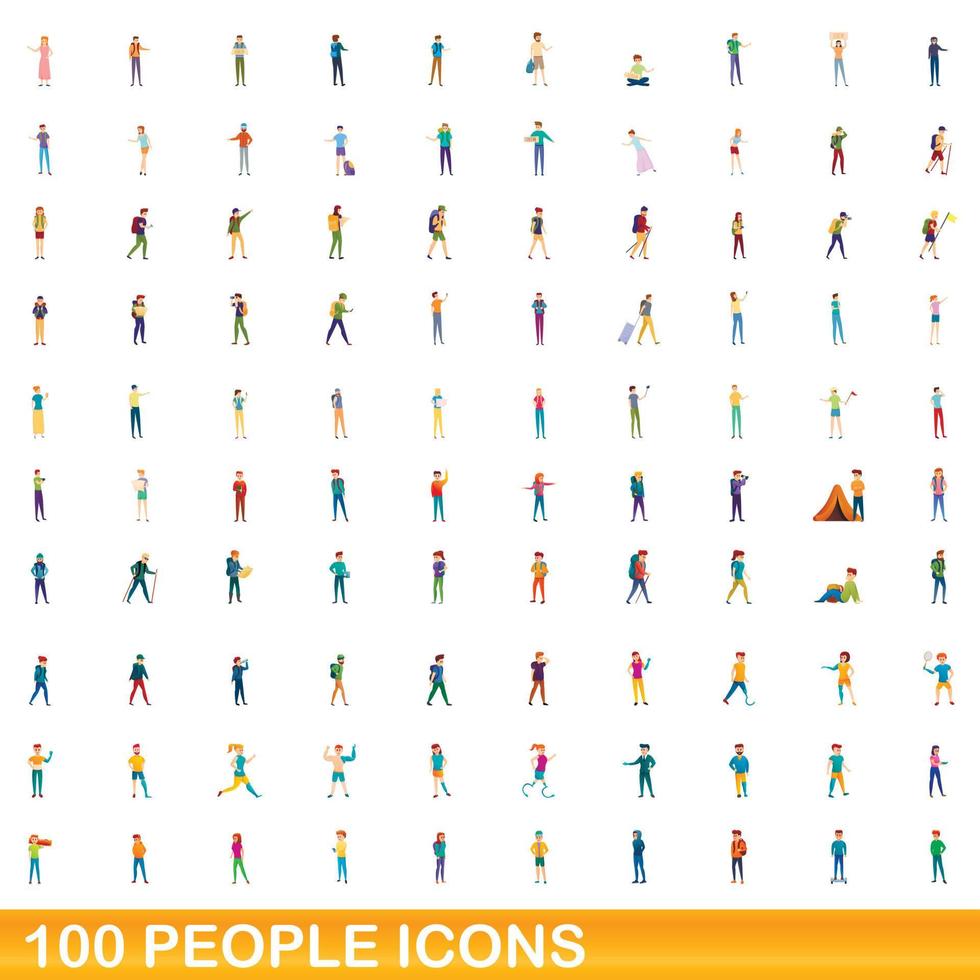 100 people icons set, cartoon style vector