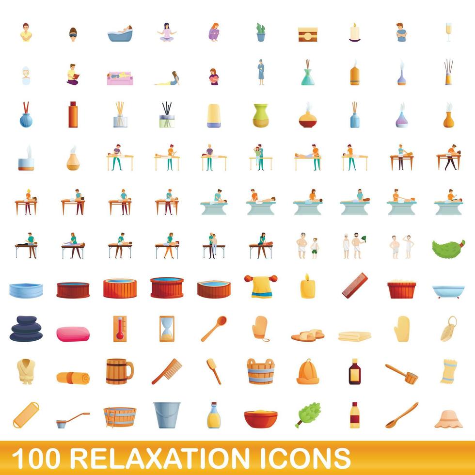 100 relaxation icons set, cartoon style vector