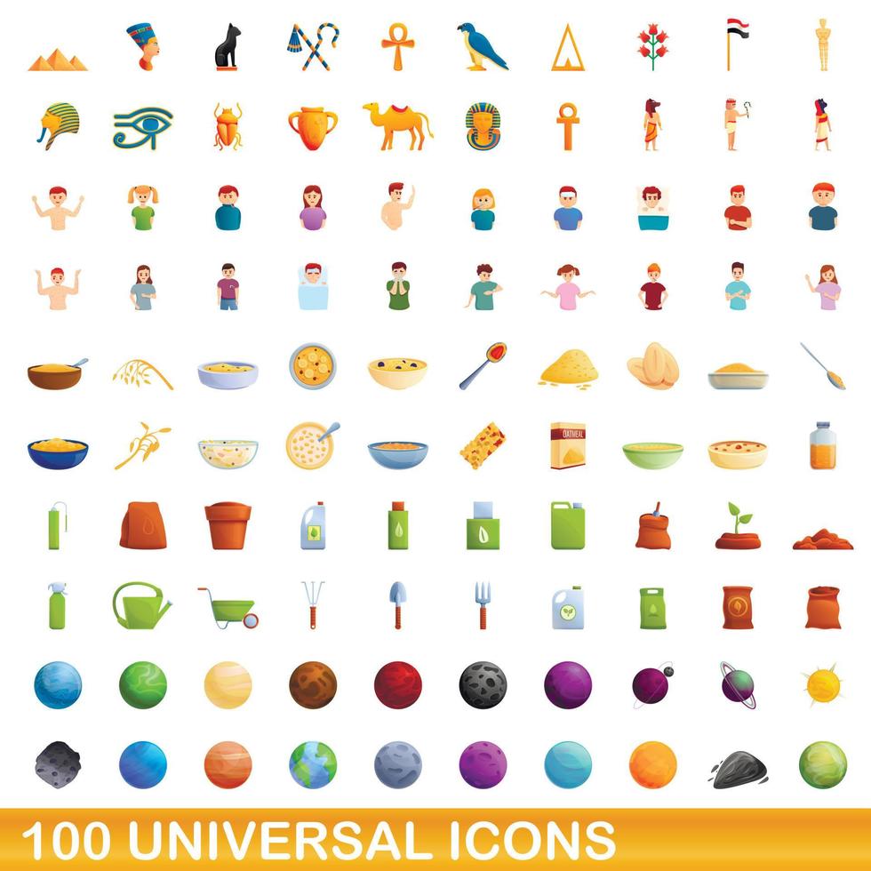 100 universal icons set, cartoon style vector