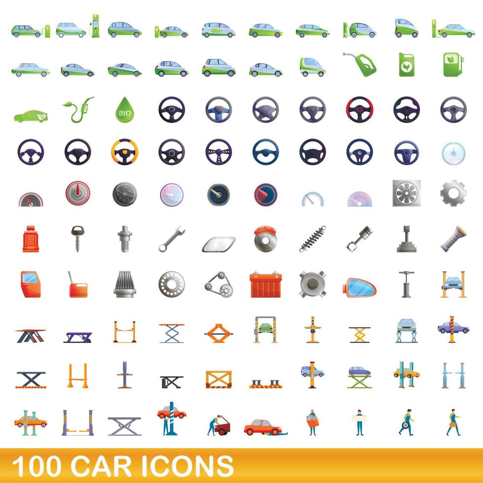 100 car icons set, cartoon style vector