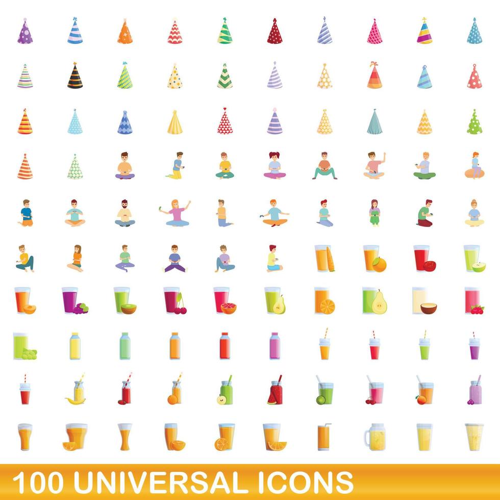 100 iconos universales, estilo de dibujos animados vector