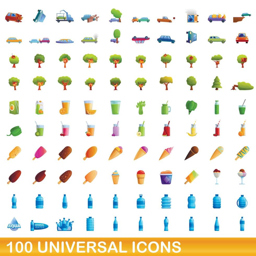 100 universal icons set, cartoon style vector