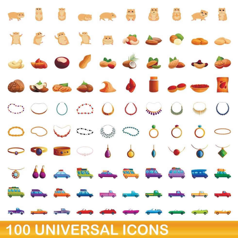 100 iconos universales, estilo de dibujos animados vector